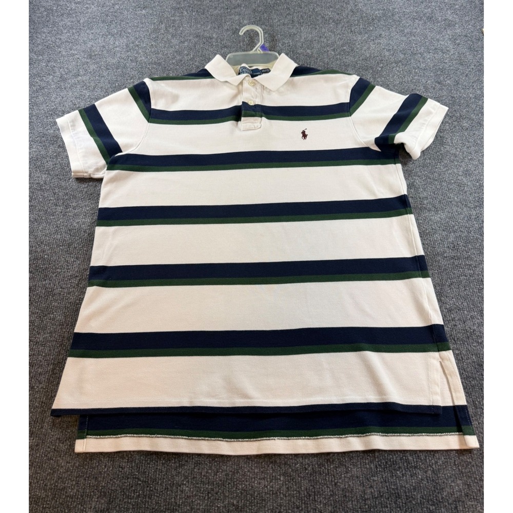 Polo Ralph Lauren Mens XL Custom Fit Striped Polo Shirt Navy Green White Cotton